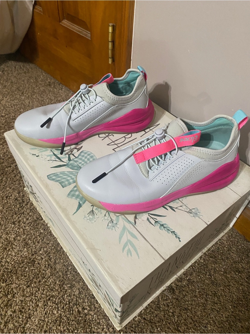White and Pink Slip-On Sneakers with Easy Toggle Closure